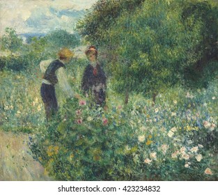 Picking Flowers, by Auguste Renoir, 1875, French impressionist painting, oil on canvas. This work is painted with the small daubs of paint, using bright saturated colors and minimally defined forms a