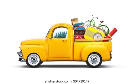 Pickup Truck With Suitcases, Radio And Bicycle In The Trunk. Unusual Travel Illustration