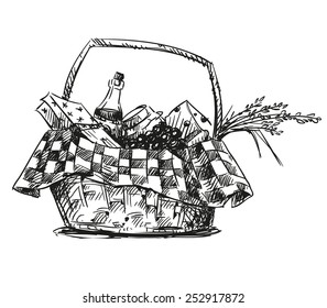 Picnic Basket With Snack. Hand Drawn.