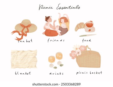 Picnic essentials invitation card elements. Summer picnic checklist: friends, food and drinks, blanket and picnic basket. Sunny outdoor party check list poster hand drawn illustration - Powered by Shutterstock