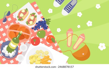 Picnic food, top view illustration. Cartoon weekend lunch in summer or spring garden, wine bottle and cheese, fruit and sandwiches on checkered tablecloth, outdoor picnic party background - Powered by Shutterstock