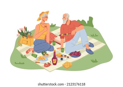 Picnic on nature, mature man and woman sitting on blanket with wine. fruits and vegetables , flat cartoon people isolated. Senior family coupe resting in park garden, basket with products - Powered by Shutterstock