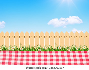 Picnic Outdoor, Spring Bloom Tree In Backyard And Wooden Garden Fence