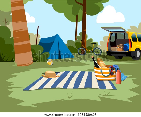 Picnic scene\
with tent, car and nature\
background
