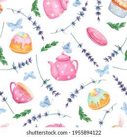 Picnic Seamless Pattern. Watercolor Tea Time Illustration