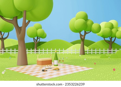 Picnic setup composed of basket with bread, sandwiches, croissant and champagne - 3D illustration - Powered by Shutterstock