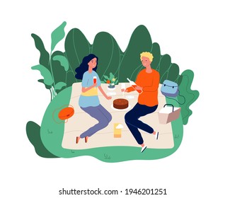 Picnic Time. Girl Boy Drinking Wine And Eating On Nature. Birthday Cake And Flowers, Happy Couple Relaxing Concept