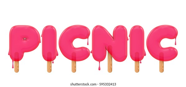 Picnic - Word Made From A Melting Ice Lolly Font. 3D Rendering