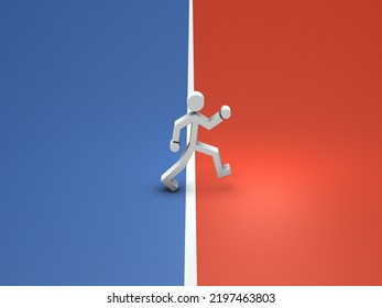 A Pictogram Character Crossing The Border And Entering A New World. Abstract Concept Representing Counterattack. 3D Rendering.