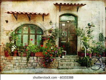 Ilustrasi Stok Pictorial Greek Villages Artwork Retro Style 60333388