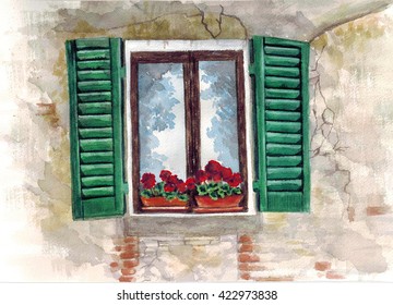 Picture a beautiful window European house with green wooden shutters and geraniums on the window, hand drawn watercolor illustration