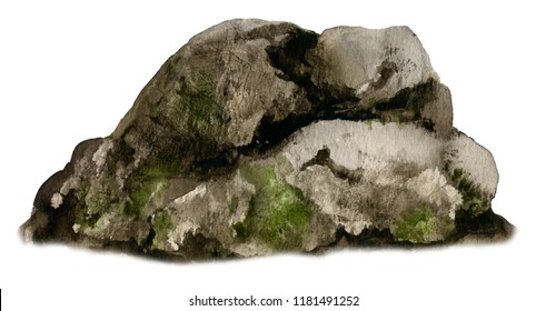 Picture Of A Big Mossy Boulder, Rock Hand Painted In Watercolor Isolated On A White Background.