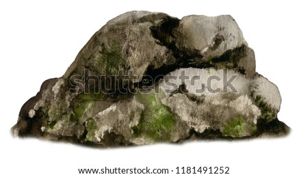 Picture of a big mossy boulder, rock hand painted in watercolor isolated on a white background.