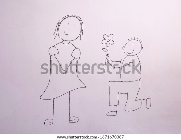 Picture Boy Gives Girl Flowers Standing Stock Illustration