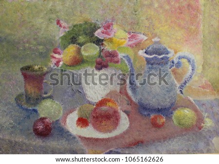 Picture. Butter. Pointillism. As an artist saw a simple still life. Its own interpretation. Bright, simple, juicy, light still life. Coloring. Complex colors. Painting in the interior. China. fruits v