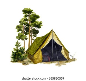 Picture Of A Camp In A Forest Hand Painted In Watercolor