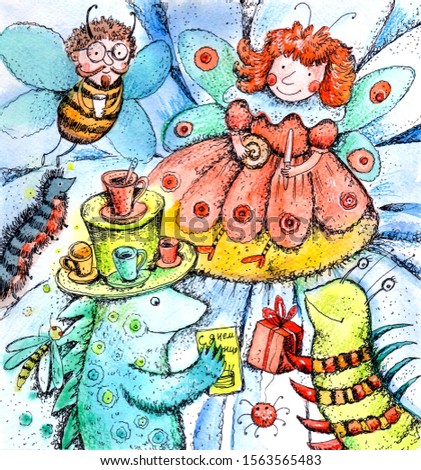 Picture for children. Tea drinking in the meadow. Funny butterfly caterpillar and beetles drink tea.
