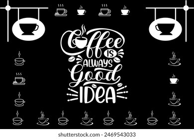 A picture of a coffee mug and the word coffee lined up in a frame on a black background. with a quote about coffee in the middle For use in advertising media and food and beverage media. - Powered by Shutterstock