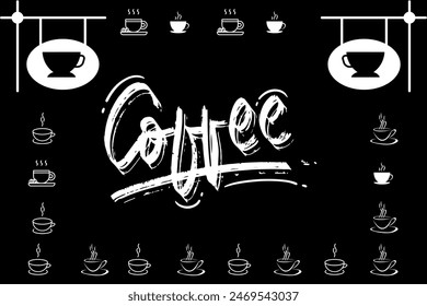 A picture of a coffee mug and the word coffee lined up in a frame on a black background. with a quote about coffee in the middle For use in advertising media and food and beverage media. - Powered by Shutterstock