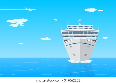 picture of cruise liner in the sea, front view, flat style illustration on vacation, travel, holidays concept