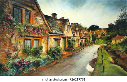 Picture English village European street. Oil painting for a postcard
