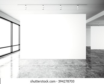 Picture Exposition Modern Gallery,open Space.Blank White Empty Canvas Contemporary Industrial Place.Simply Interior Loft Style With Concrete Floor,panoramic Windows. Black And White.3d Render