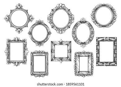 Picture Frame Sketch. Black-and-white Hand Drawn Vintage Art Gallery Icon Set Isolated On White. Old Outline Picture Frame Or Border With Decoration Ink Sketch Engraving Illustration