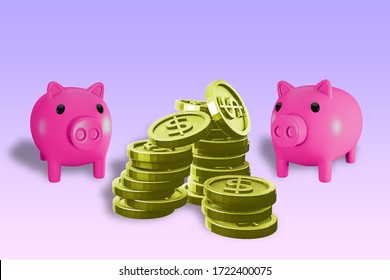 Picture of gold coin and pink piggy bank 3D on a blue background - Powered by Shutterstock