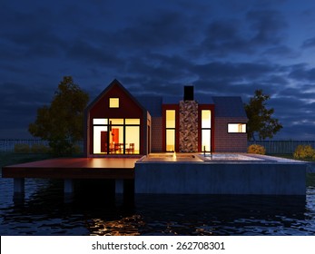 Picture Of Modern Architecture, Modern House In The Night On The Lake, 3D Rendering