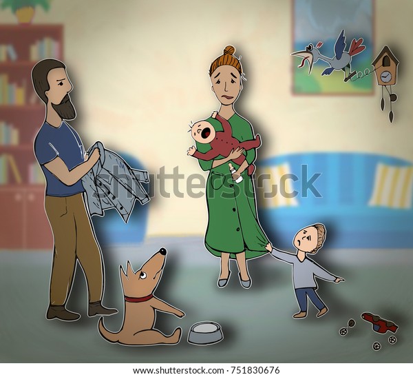 a picture on which the family\
quarrels. children and the husband want something from their\
mother