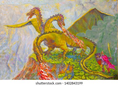 Picture painted with oil paint. The bogatyr fights with the dragon.