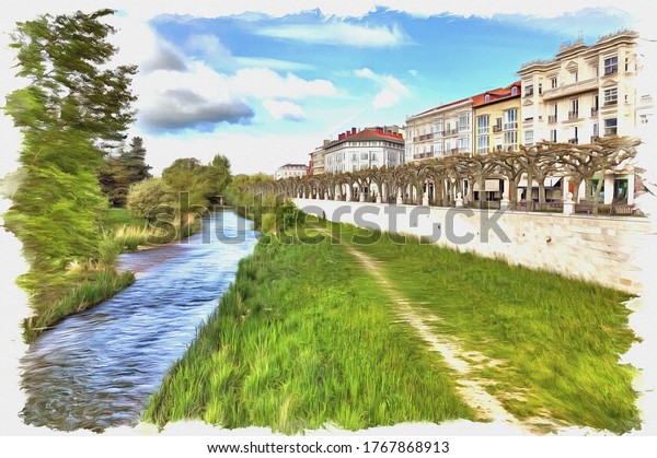Picture\
from a photo. Oil paint. Imitation. Illustration. Arlanzon river\
divides the ancient town of the historic district and the modern\
neighborhoods. Spain. Burgos. Spain. Burgos \
