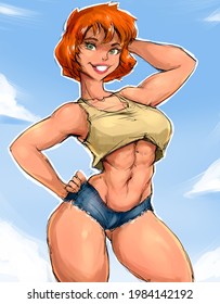 picture pinup red  haired girl and sporty figure against the sky
