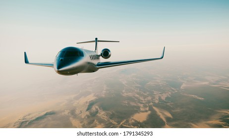 Picture Of Silver Luxury Generic Design Private Business Jet Flying Over The Empty Desert. Blue Sky At Background. Luxury Travel Concept. Horizontal Mock Up.3d Rendering