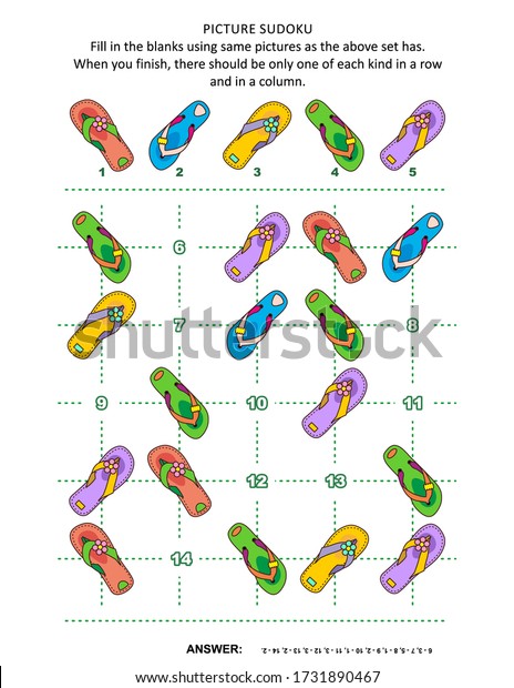 カラフルなフリップフロップを持つ絵の数独パズル5x5 1ブロック 回答を含む のイラスト素材