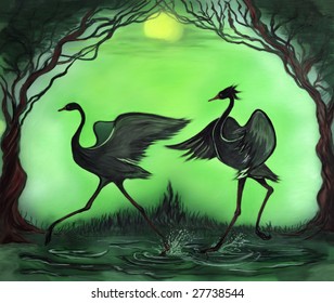 Picture of two black cranes dancing in water at night