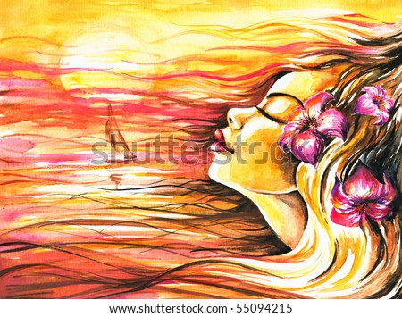 Picture Of woman which imagine summer.Picture I have created myself with watercolors