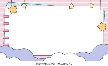 A picture for writing notes, making presentations, diaries, children's worksheets, or letters. Decorated with clouds, stars, and notebook shapes.