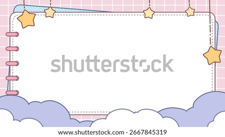 A picture for writing notes, making presentations, diaries, children's worksheets, or letters. Decorated with clouds, stars, and notebook shapes.