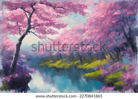 Picturesque bright spring landscape with lush blooming japanese pink sakura cherry trees in full blossom over calm lake water. My own digital art painting illustration.