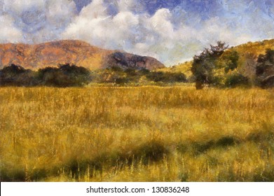 Picturesque Grassland with Trees Clouds and Mountain Oil Painting