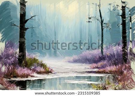 Picturesque hand painted sketch woodland landscape with lush purple flowers or flowering herbs along shore of calm forest river at summer. My own digital art painting illustration of scenic nature.