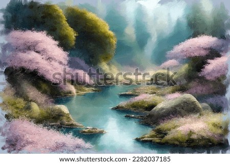 Picturesque landscape with pink sakura cherry trees in full blossom on the river shore in lush japanese spring garden. My own impressionist digital art painting illustration.