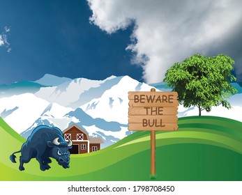 Picturesque rural scene with beware the bull sign on summer mountainous lowland pastures set against a blue cloudy sky