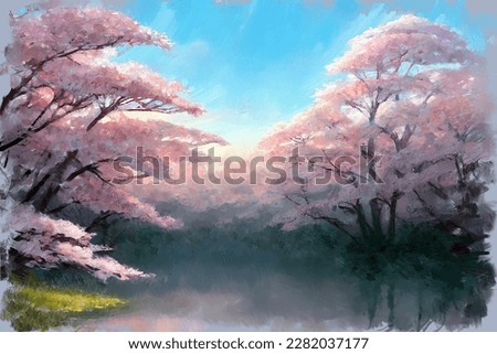 Picturesque scenery with japanese pink sakura cherry trees in full blossom over calm lake water in lush spring garden. My own impressionist digital art painting illustration.