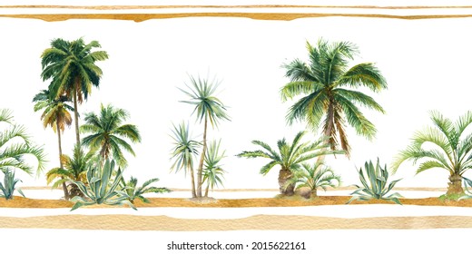 Picturesque Seamless Border Pattern Of Tropical Plants (palms Trees, Agaves) And Yellow (brown) Stripes Hand Drawn In Watercolor Isolated On A White Background. Watercolor Floral Pattern. 5000x2500px	