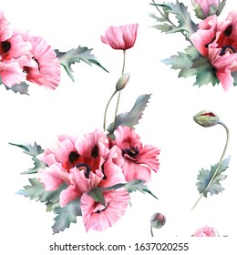 Picturesque seamless floral pattern depicting pink poppies arrangements with green leaves and buds hand drawn in watercolor isolated on a white background. Watercolor floral pattern.