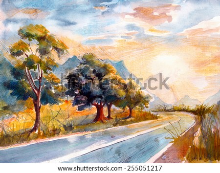 Picturesque trees near the road watercolor painting poster card background