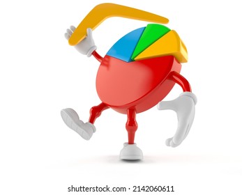 Pie Chart Character Throwing Boomerang Isolated On White Background. 3d Illustration