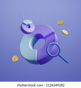 Pie Chart With Graphs, Magnifying Glass And Coins Floating. Concept Of Financial Data And Business. 3D Rendering